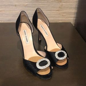 MANOLO BLAHNIK satin black kitten heels crystals
